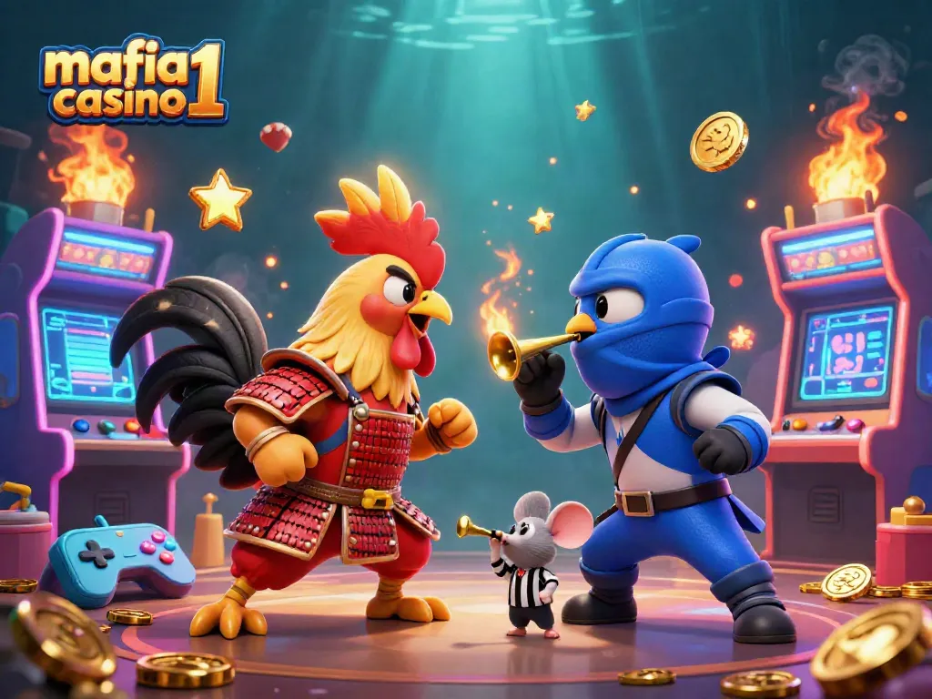 Engage in thrilling action with mafia casino 1, showcasing cartoon roosters in battle amidst vibrant gaming elements.