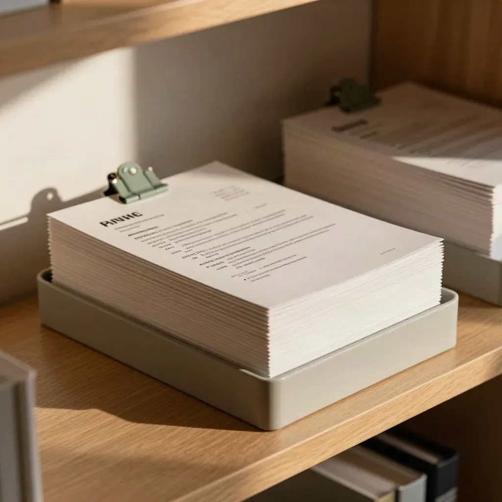 Pila di CV selezionati con clip verdi e vaschetta in legno, in luce calda d’ufficio.