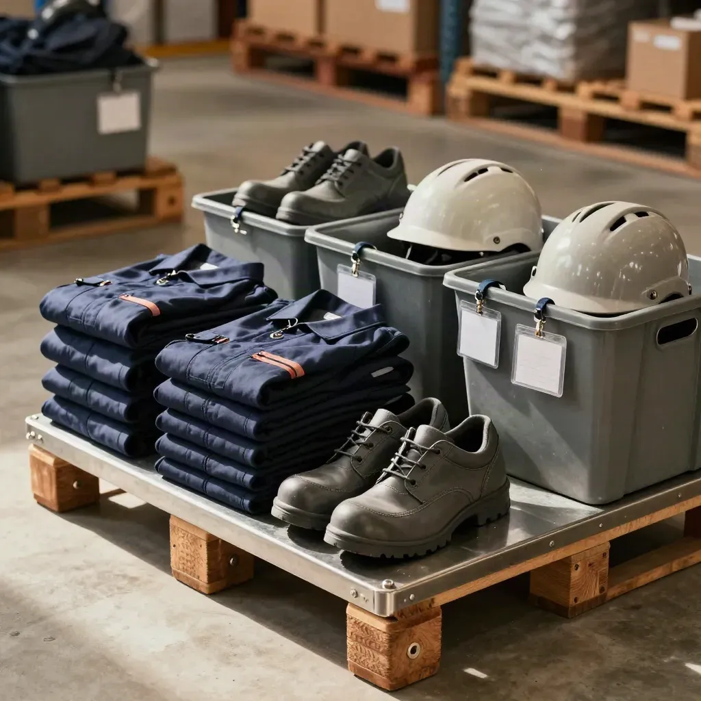 Divise piegate, scarpe da lavoro e caschi pronti in un magazzino ordinato