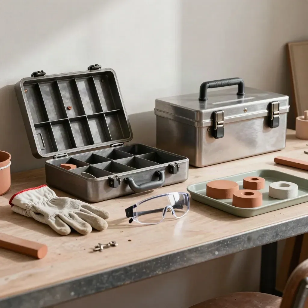 Banco atelier con kit apprendistato, guanti, occhiali, cassetta attrezzi chiusa e supporto metallico