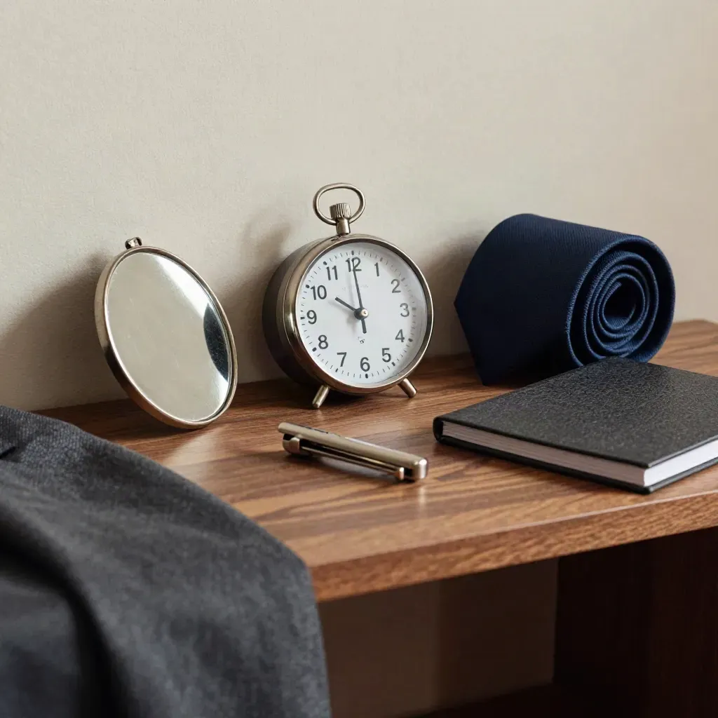 Still life con timer, specchio, cravatta e fermacravatta su mensola, luce drammatica
