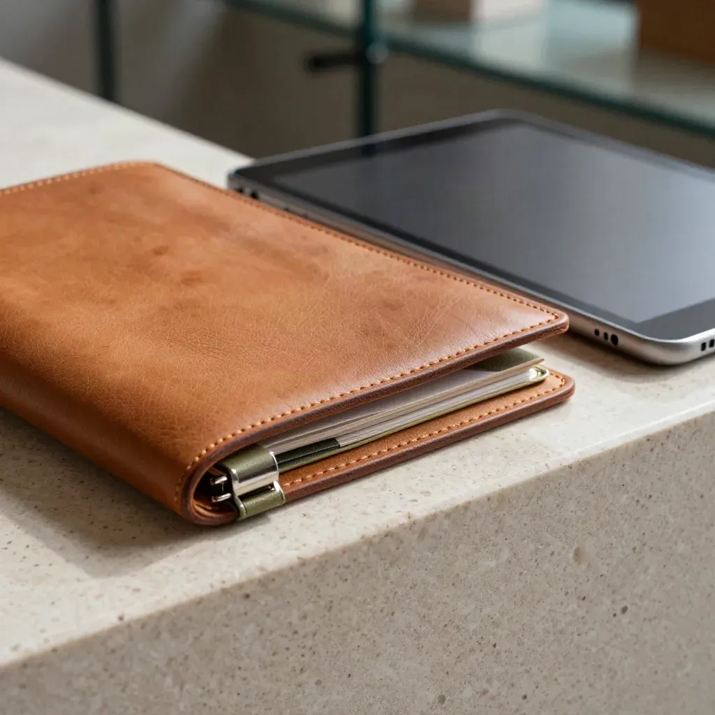 Portfolio in pelle, tablet capovolto e accessori verdi su una mensola in travertino.