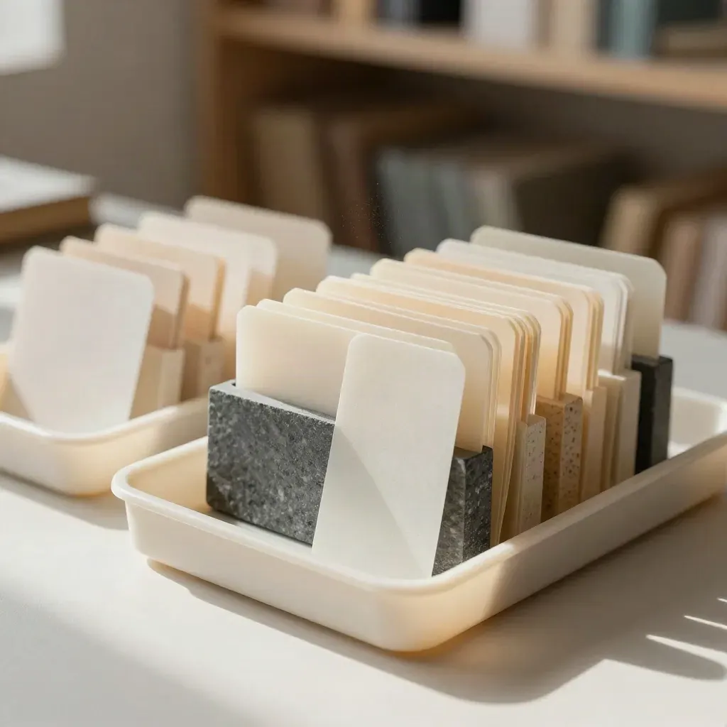 Tre vaschette di selezione con linguette sottili e divisori, in luce morbida.