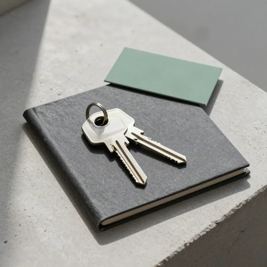 Chiavi metalliche, clip verde e dossier chiuso su lastra di cemento chiaro