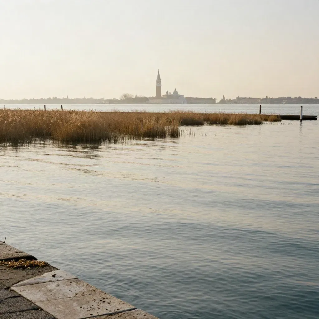 Laguna veneta al tramonto con campanile lontano e acqua pallida