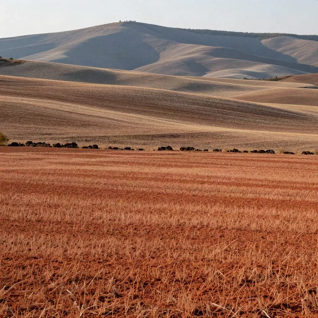 Pianura emiliano-romagnola con colline lontane e luce calda nel tardo pomeriggio