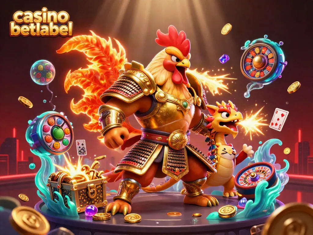 Engage with casino betlabel through a dynamic illustration showcasing a samurai rooster, dragon hatchling, and vibrant gaming elements.