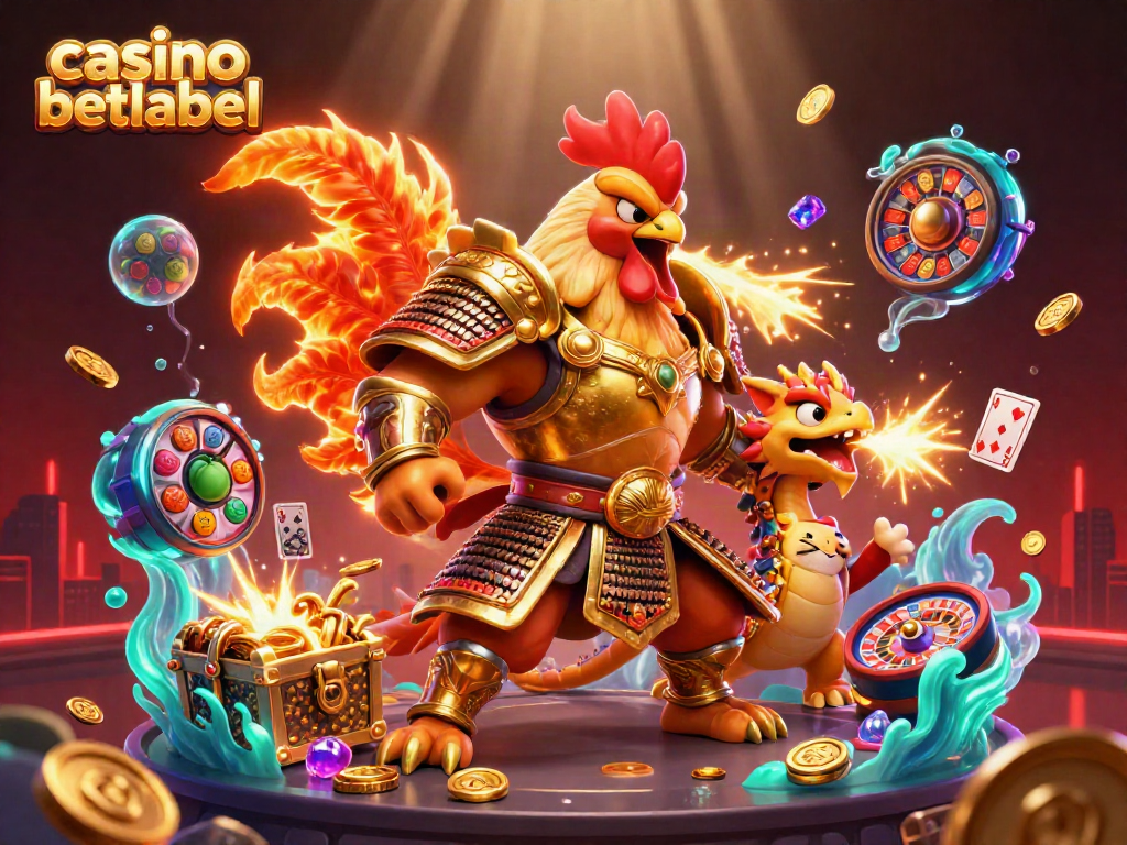 Engage with casino betlabel through a dynamic illustration showcasing a samurai rooster, dragon hatchling, and vibrant gaming elements.